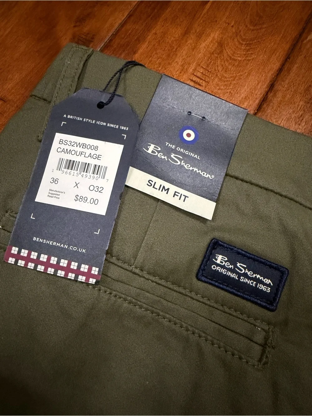 Ben Sherman Olive Green Stretch Chino Pants Men 36x32 Slim Fit